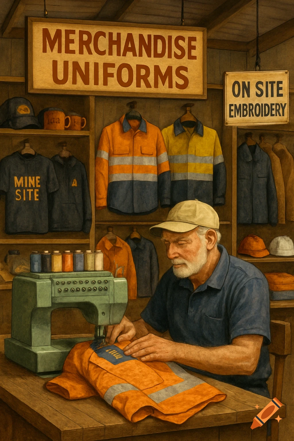 An older person sewing an orange work uniform on a machine in a shop filled with hanging uniforms and signs.