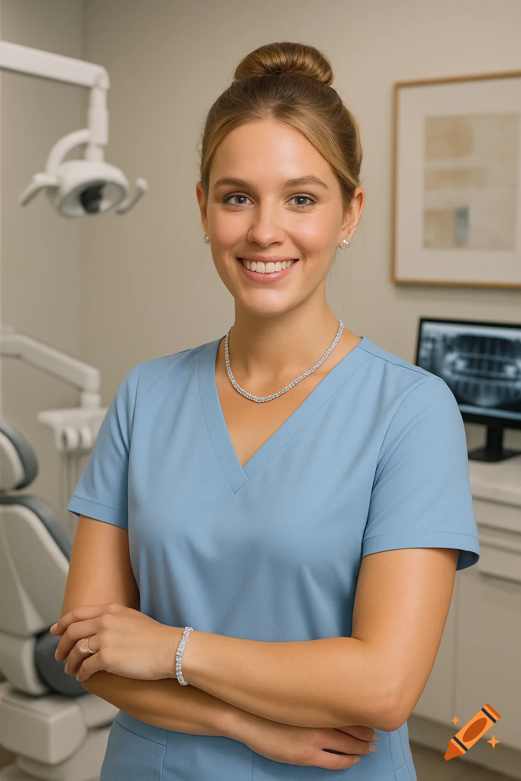 Woman in blue scrubs and diamond jewelry smiling in a dental office.