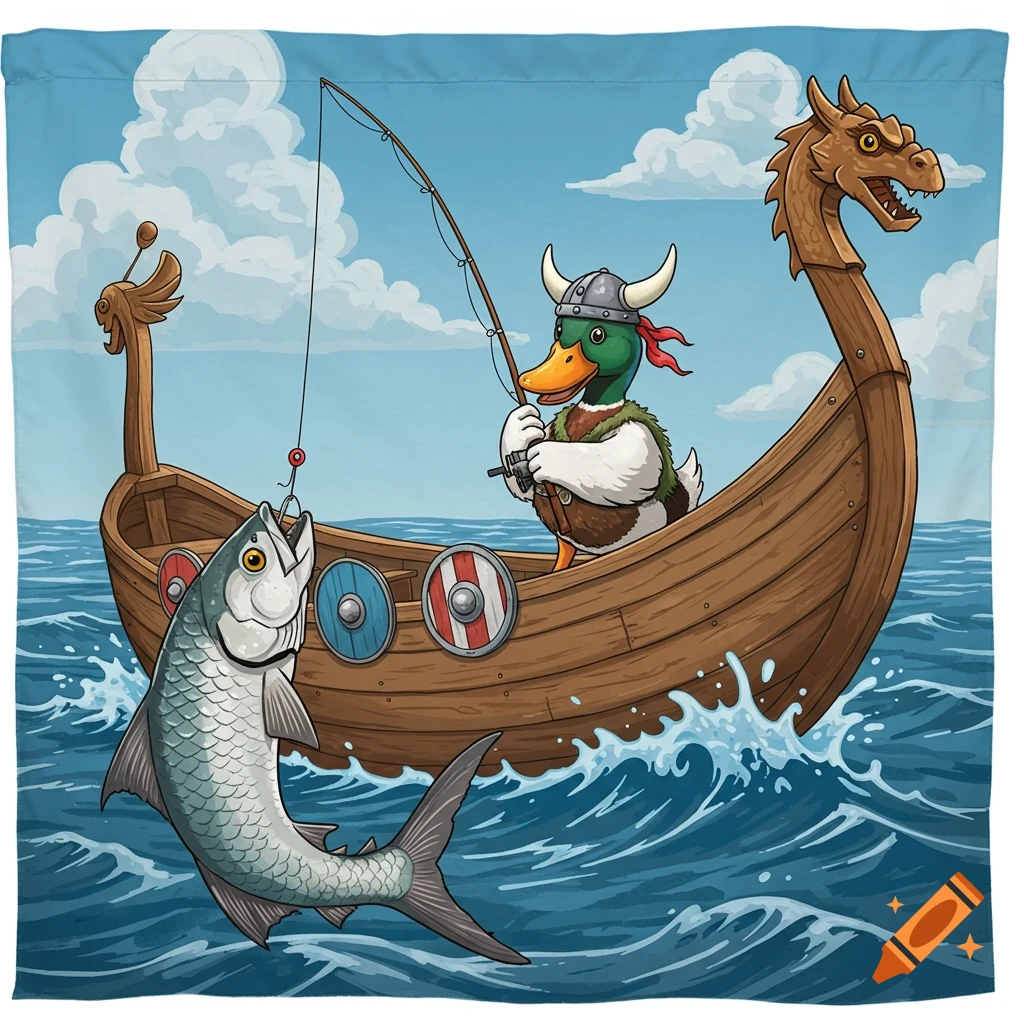 Cartoon duck in a Viking boat catches a large fish.