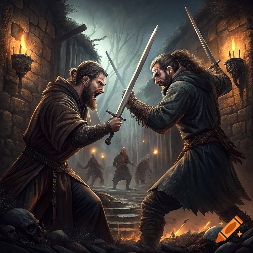 Two men in medieval attire battle with swords, surrounded by other figures, skulls, and fire in a dark, ruined setting.