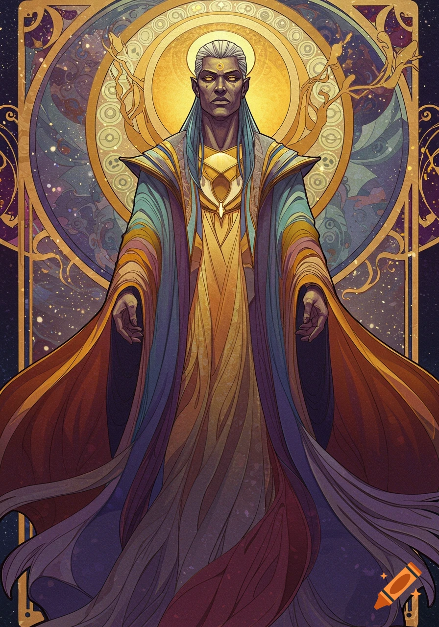 An art nouveau style illustration of a figure in ornate robes against a cosmic background with circular patterns.