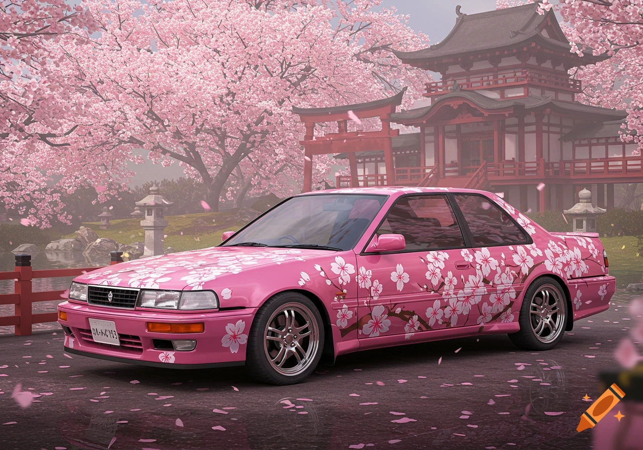 Pink car with white cherry blossoms parked in front of a Japanese temple and torii gate, surrounded by blooming cherry blossom trees.