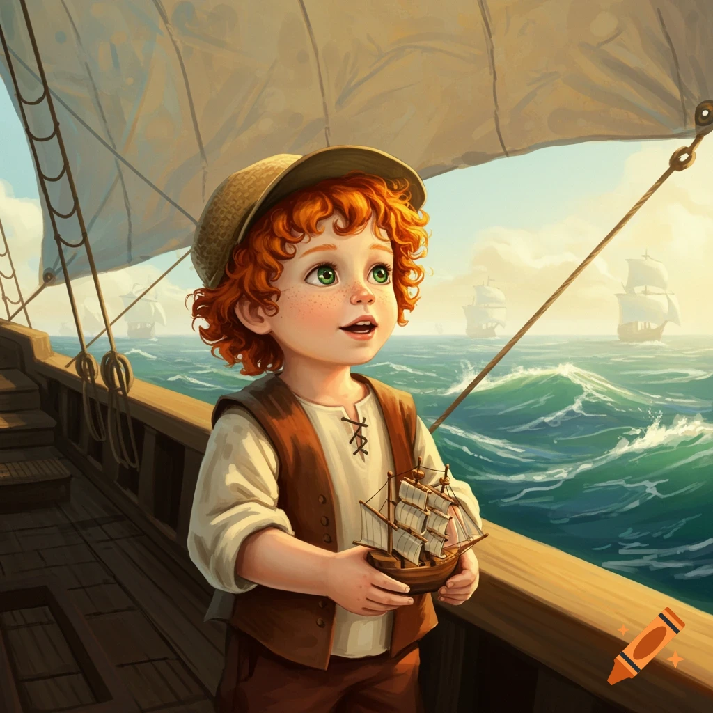 A boy with red curly hair and green eyes stands on a ship deck holding a toy boat, looking out at other sailing ships.