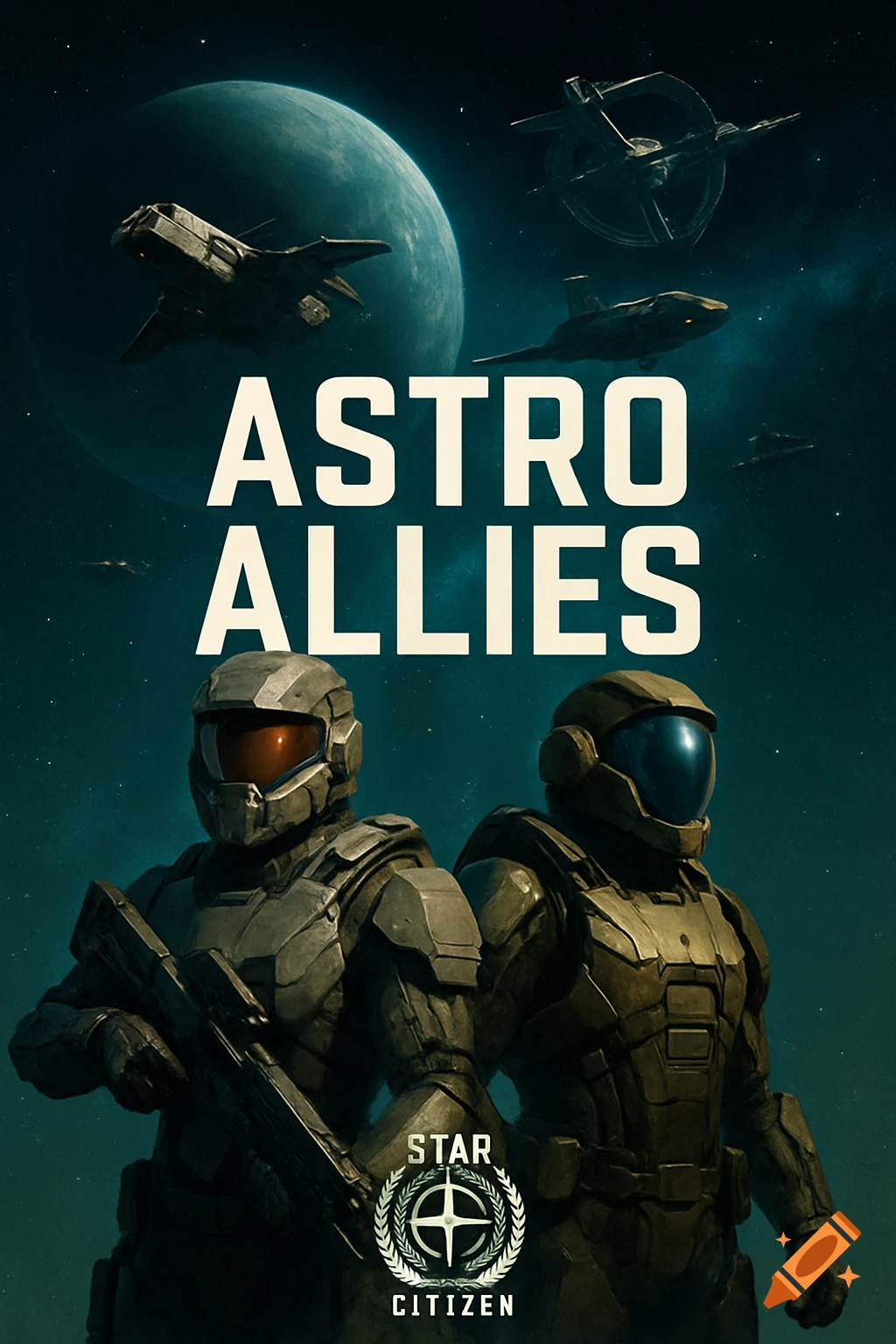 Two soldiers in futuristic armor stand with spaceships and a planet behind them, text overlays read "ASTRO ALLIES" and "STAR CITIZEN".