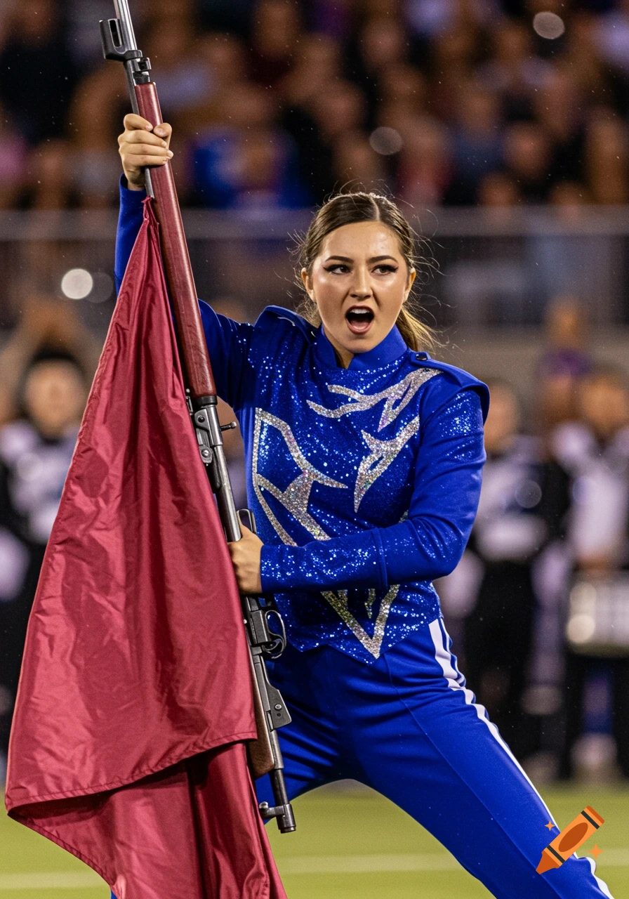 A fierce high school color guard performer holds a flag and rifle during a performance.