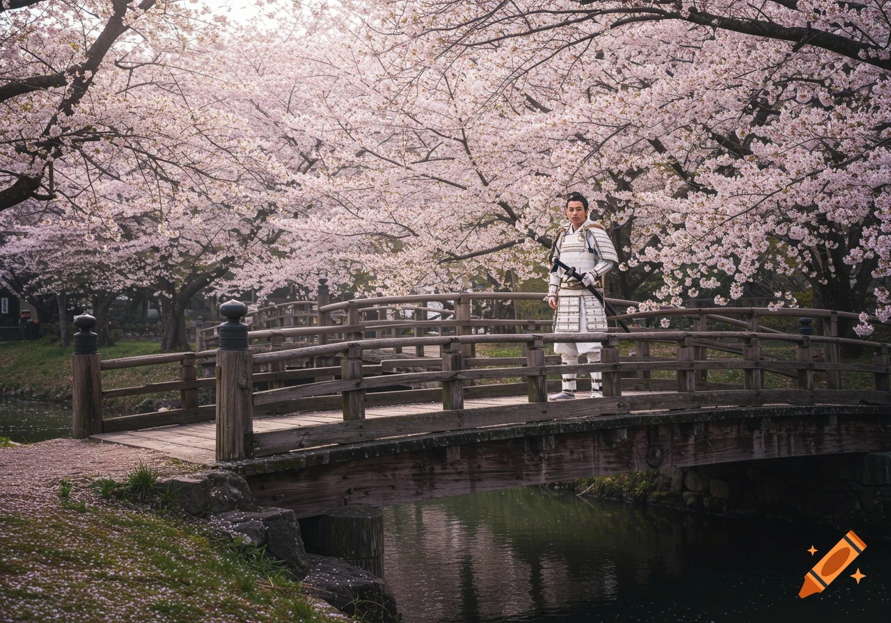 A samurai in white armor stands on a wooden bridge surrounded by cherry blossoms.