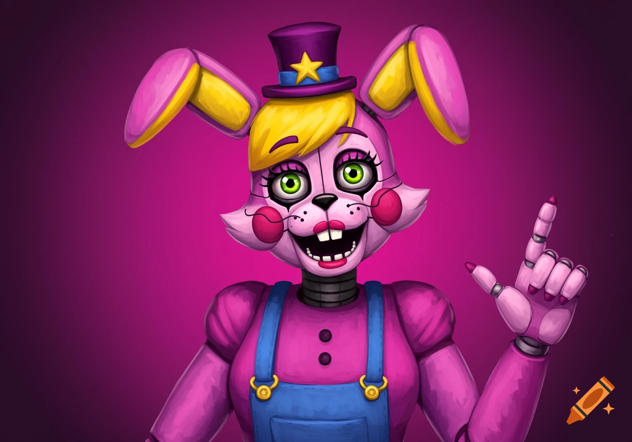 A cartoon pink animatronic bunny wears a purple top hat and blue overalls.