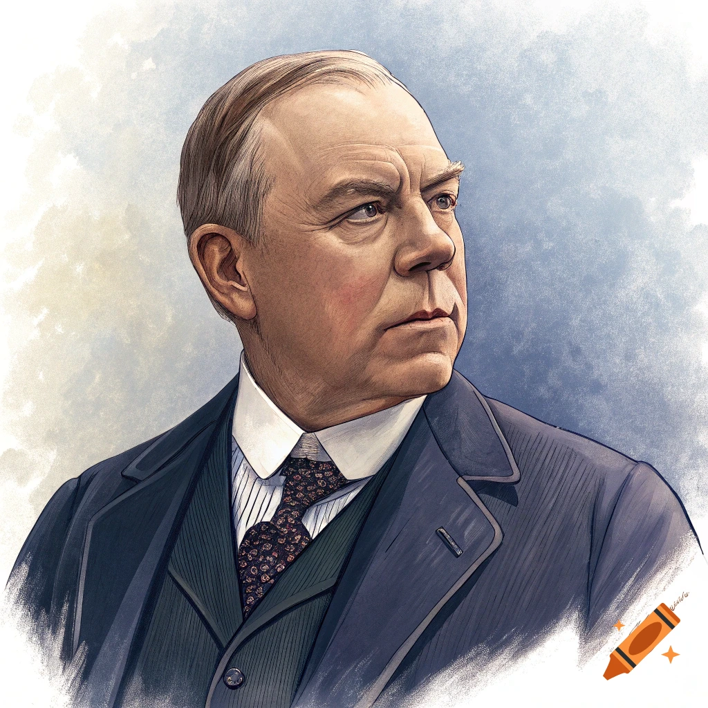 Illustration of a man in a dark suit looking right.