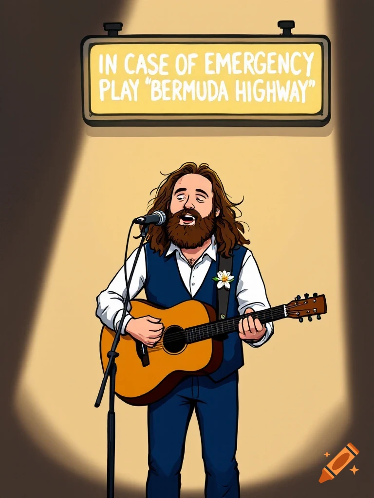 Cartoon illustration of a musician playing an acoustic guitar under a sign that reads 'IN CASE OF EMERGENCY PLAY 'BERMUDA HIGHWAY''.