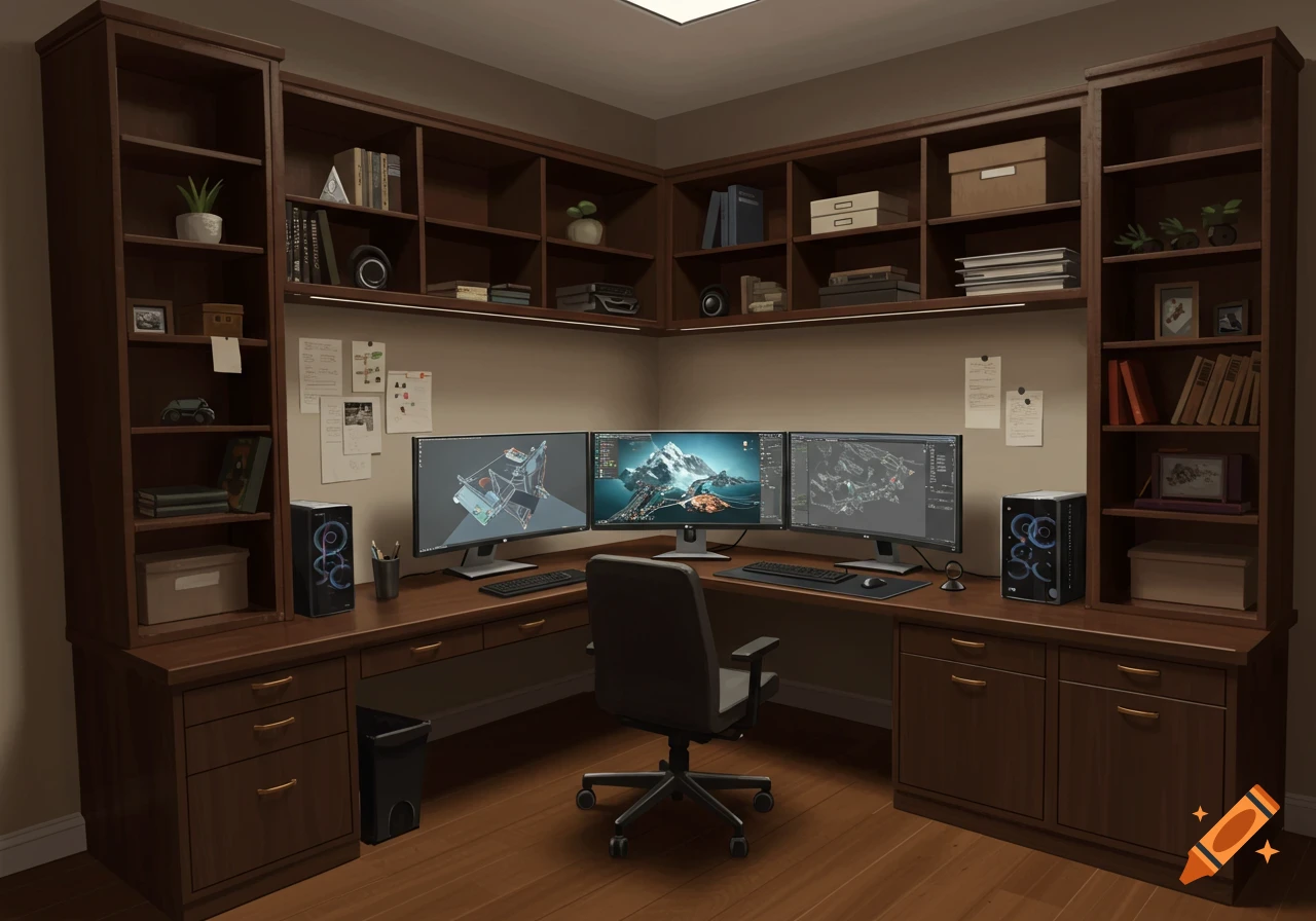 A home office with a large desk, three computer monitors, bookshelves, and a chair.