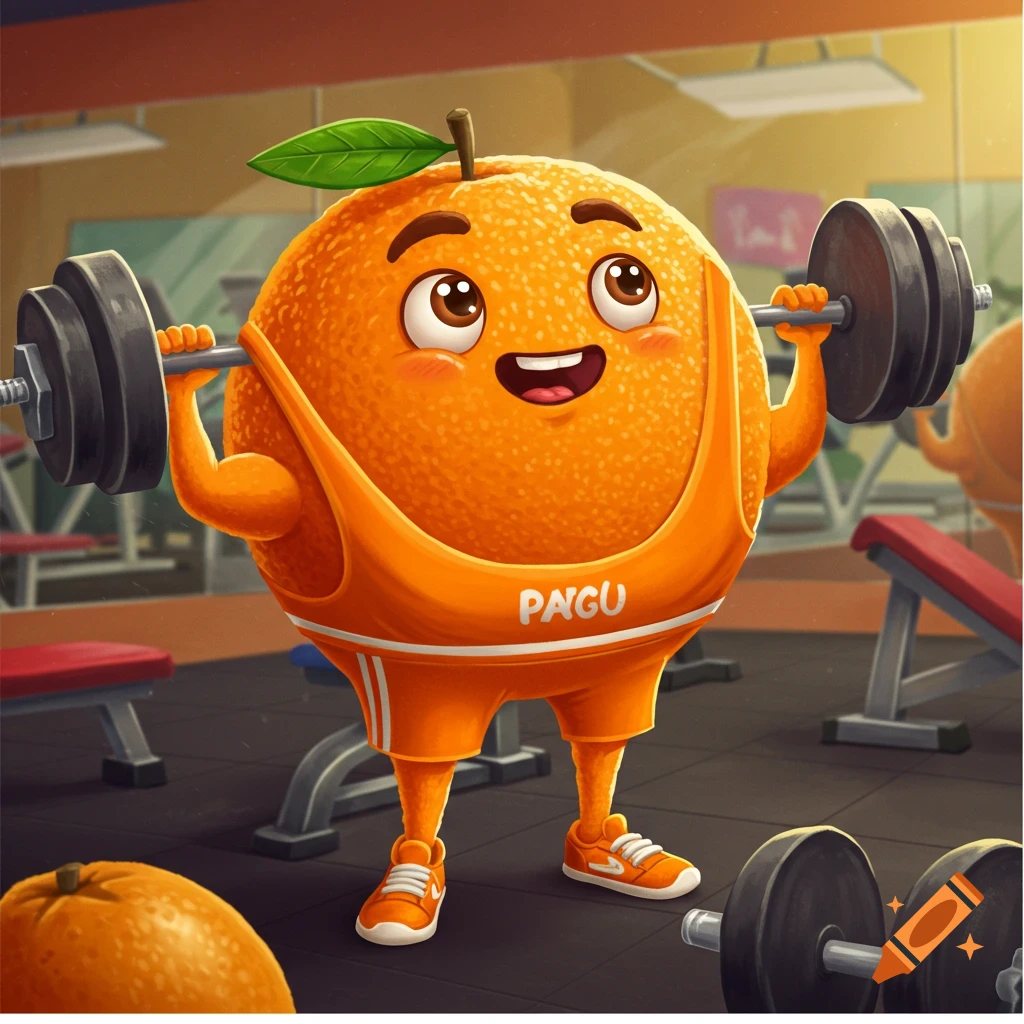 Cartoon orange character lifting weights in a gym.