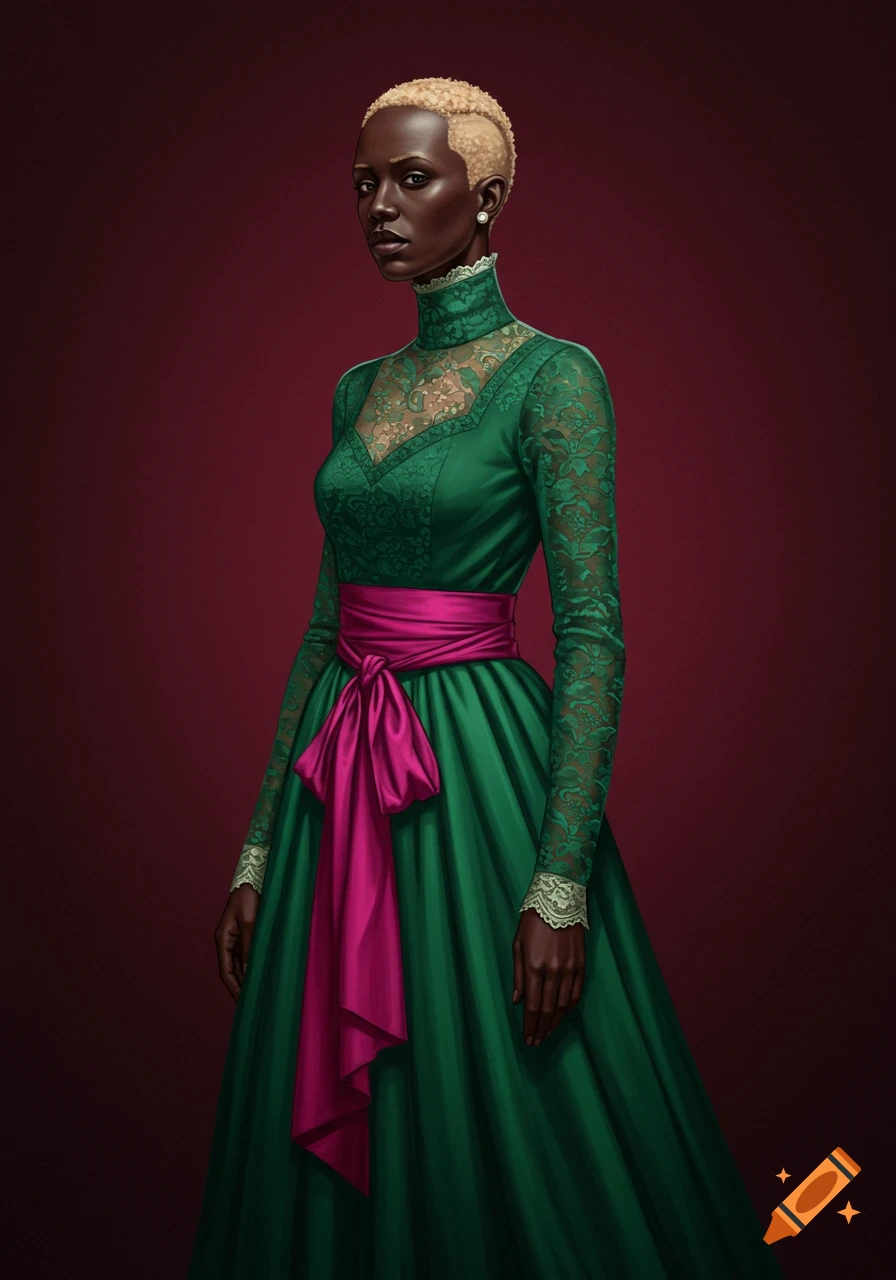 Portrait of an Edwardian era woman in a green dress with a pink sash