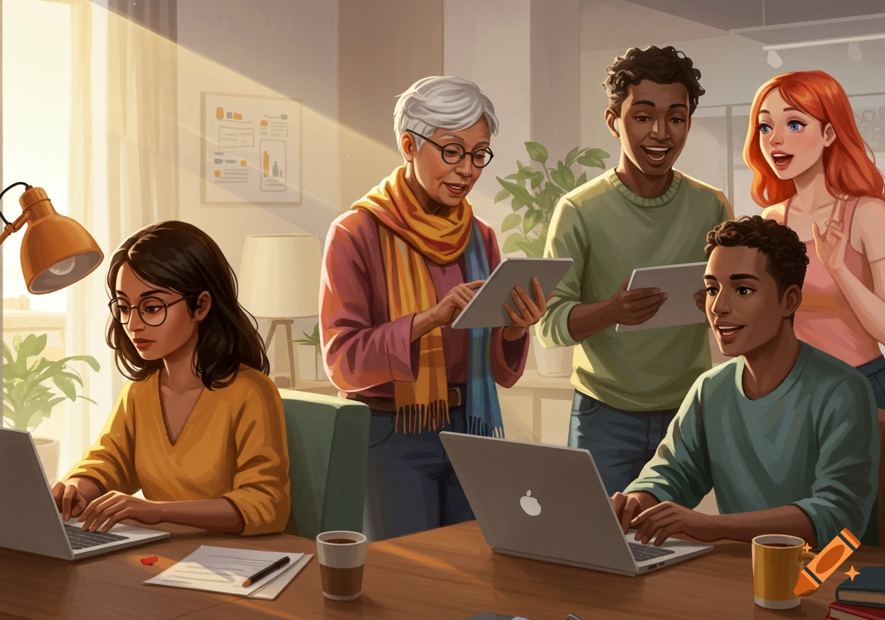 Diverse group of professionals collaborate in a sunny office using laptops and tablets.