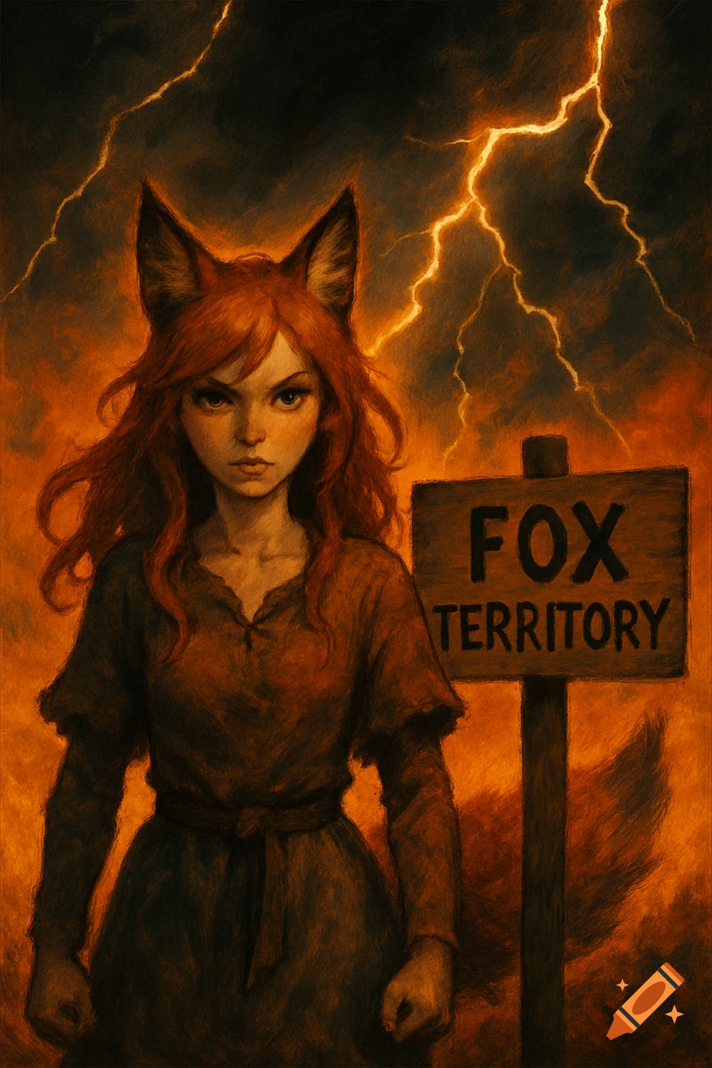 A fox girl stands next to a sign that says 'FOX TERRITORY' under a stormy sky with lightning. Illustration style.
