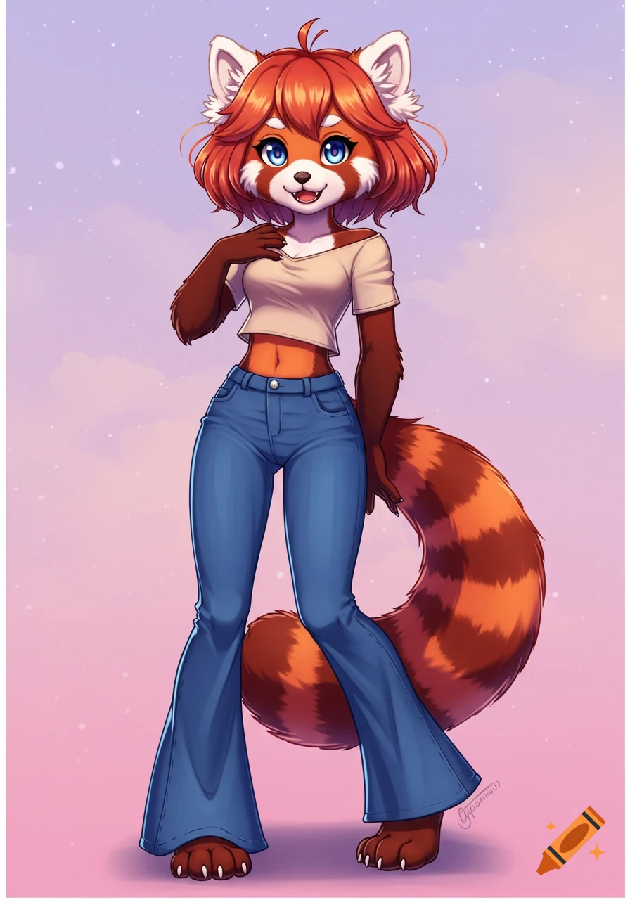 Anime style red panda fursona wearing a crop top and bell bottom jeans.