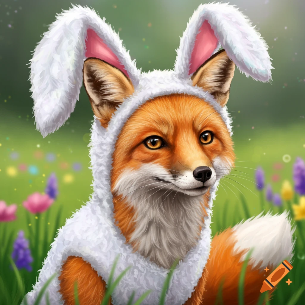 A cute fox wearing a white bunny costume with fluffy ears, sitting in a grassy field with blurred flowers.