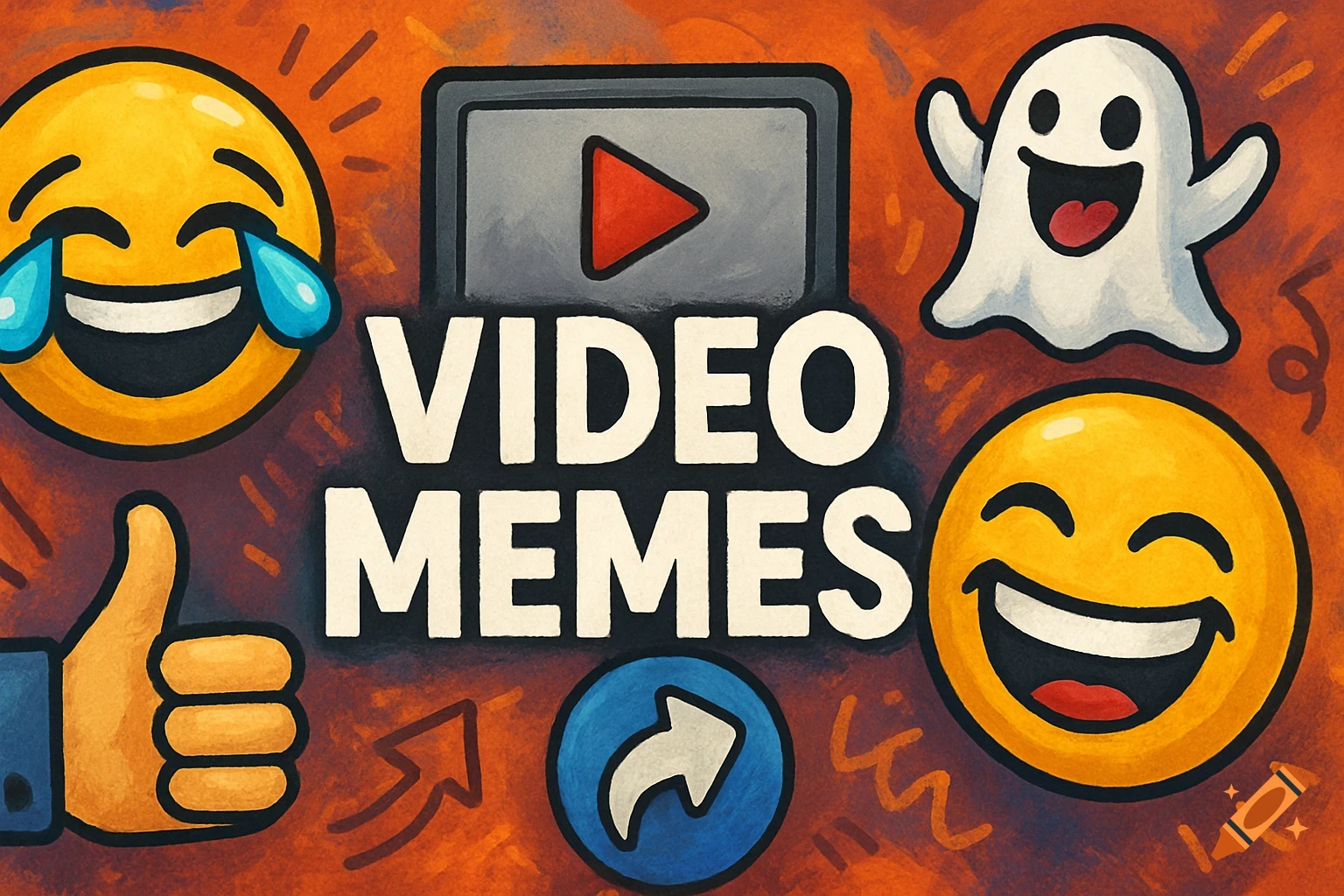 Colorful illustration of emojis, a ghost, and a play button with the text VIDEO MEMES.