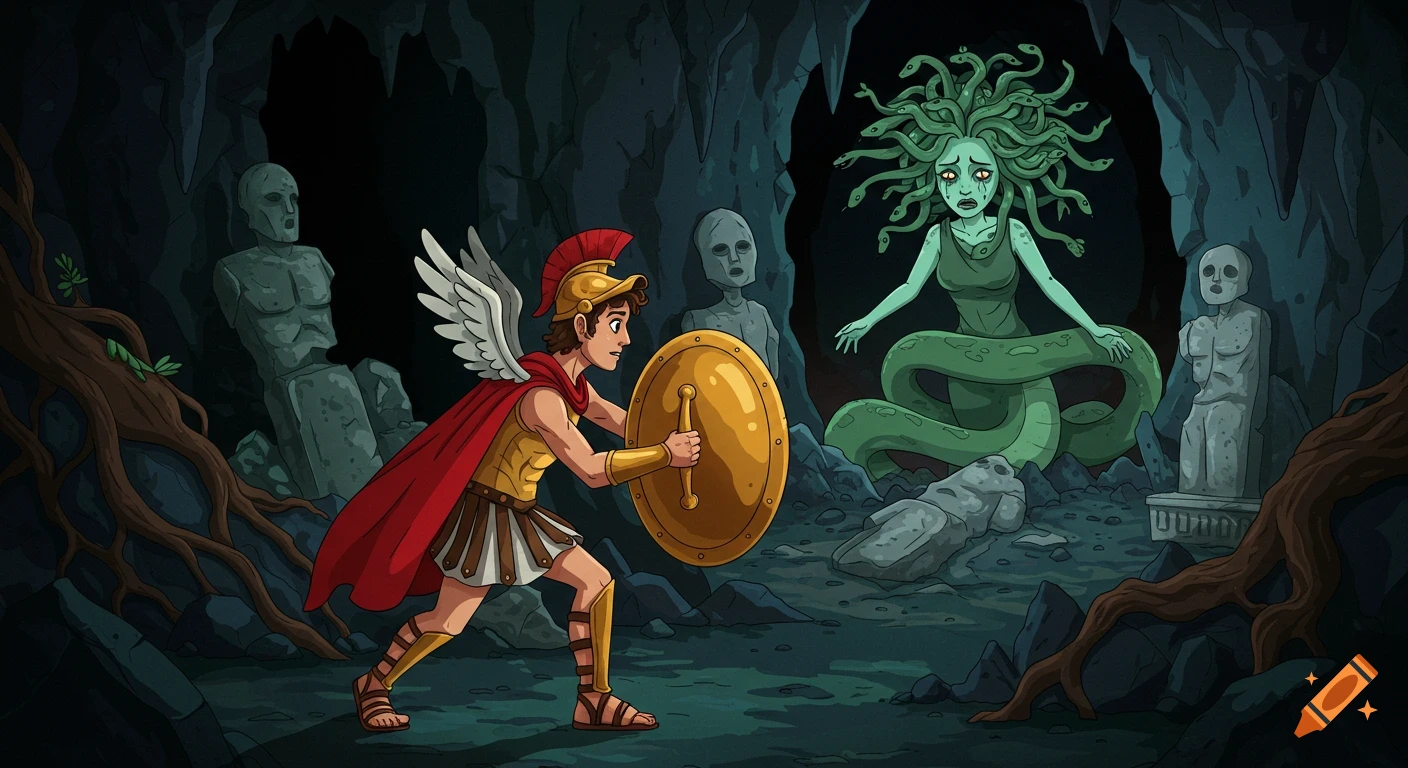 Cartoon illustration of Perseus fighting Medusa in a dark cave, using his shield as a mirror.