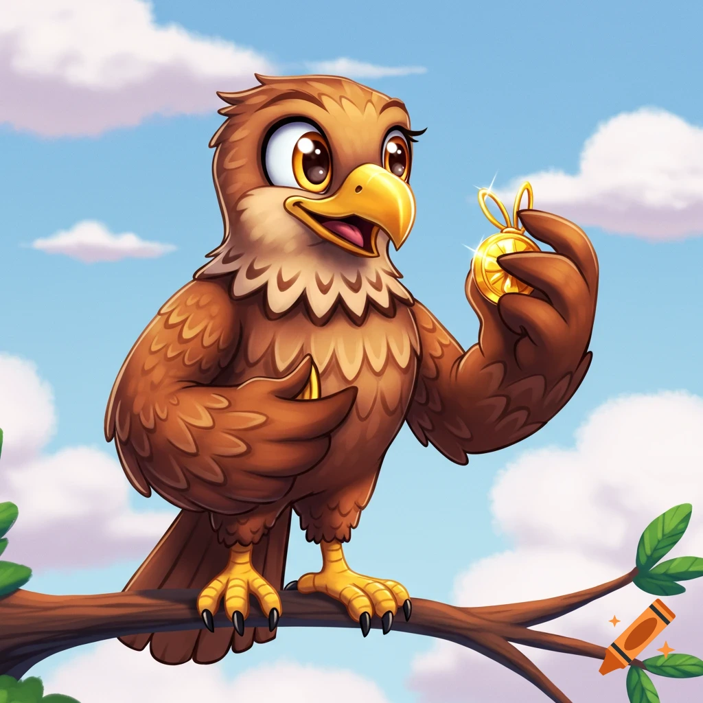 A smiling cartoon eagle sits on a branch, holding a shiny gold coin.