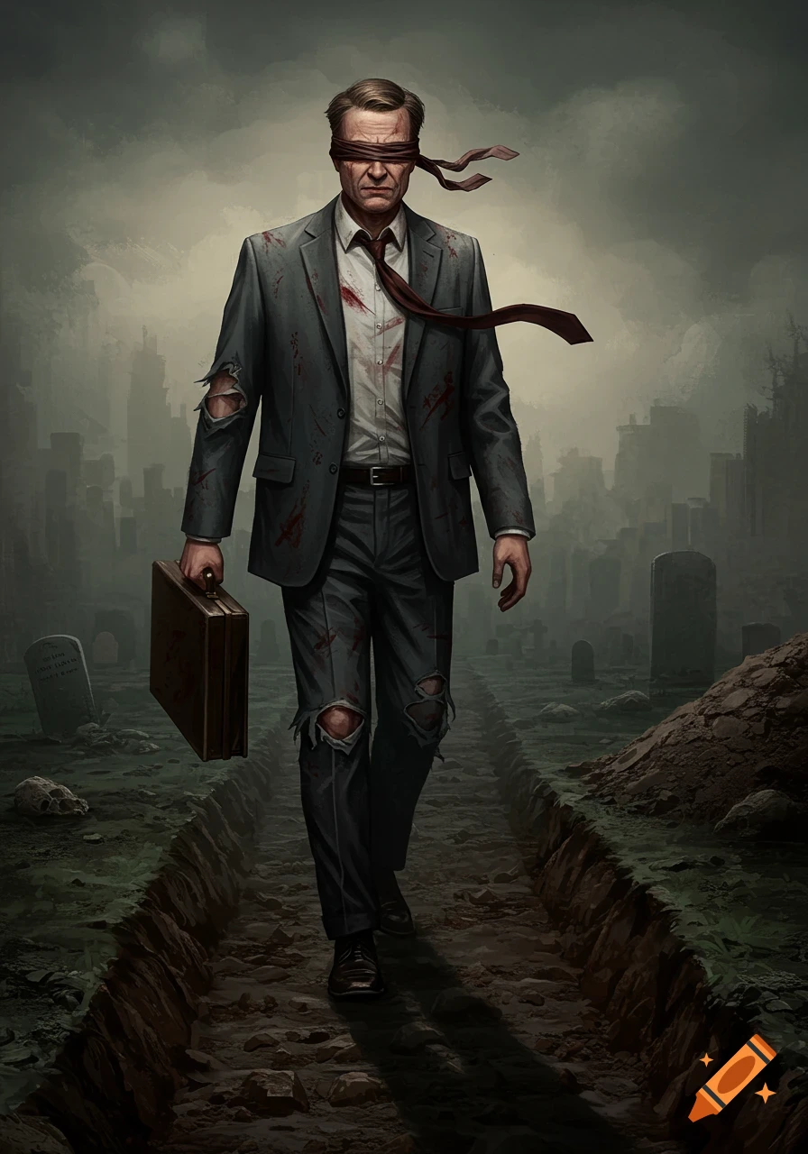 A blindfolded businessman in a damaged suit walks through a graveyard towards a grave, carrying a briefcase. Illustration.