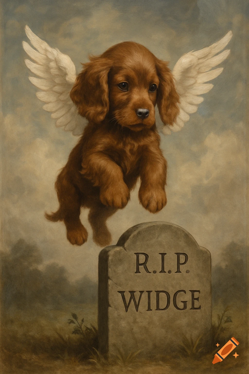 A brown puppy with angel wings floats above a tombstone that reads R.I.P. WIDGE, in a painterly style.