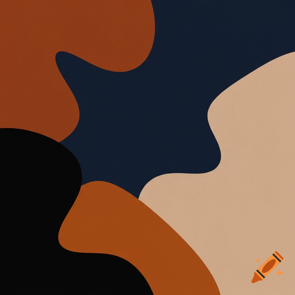 Abstract shapes in navy blue, burnt orange, black, and beige.