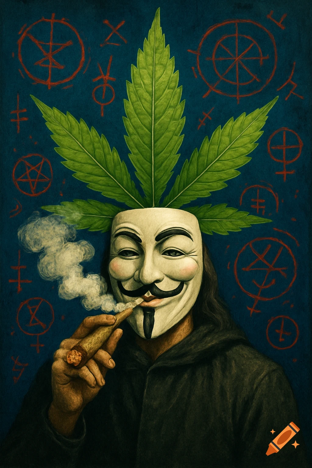 Illustration of a person in a Guy Fawkes mask smoking a blunt, with a cannabis leaf above their head and occult symbols in the background.