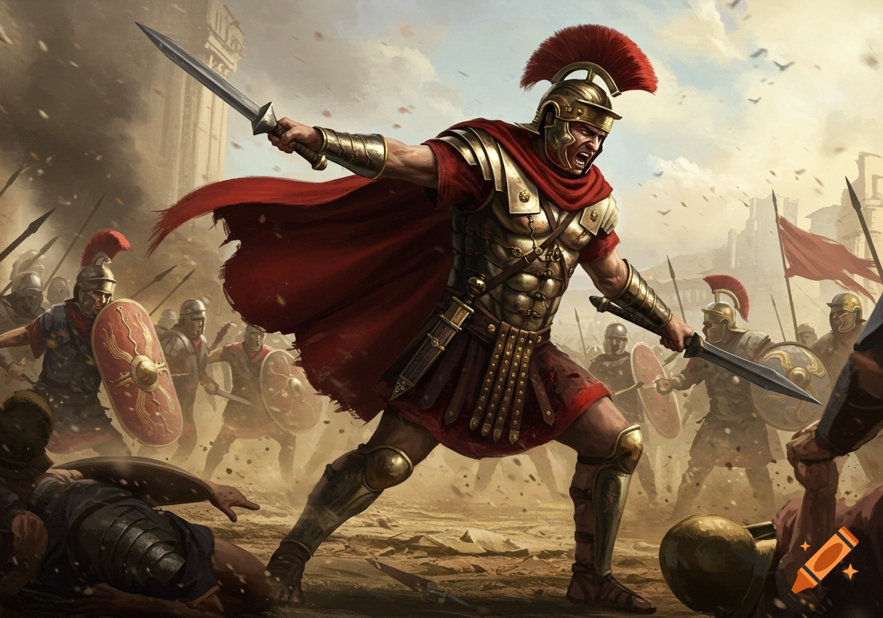 Roman legionary fighting with swords in a battle scene, digital painting.