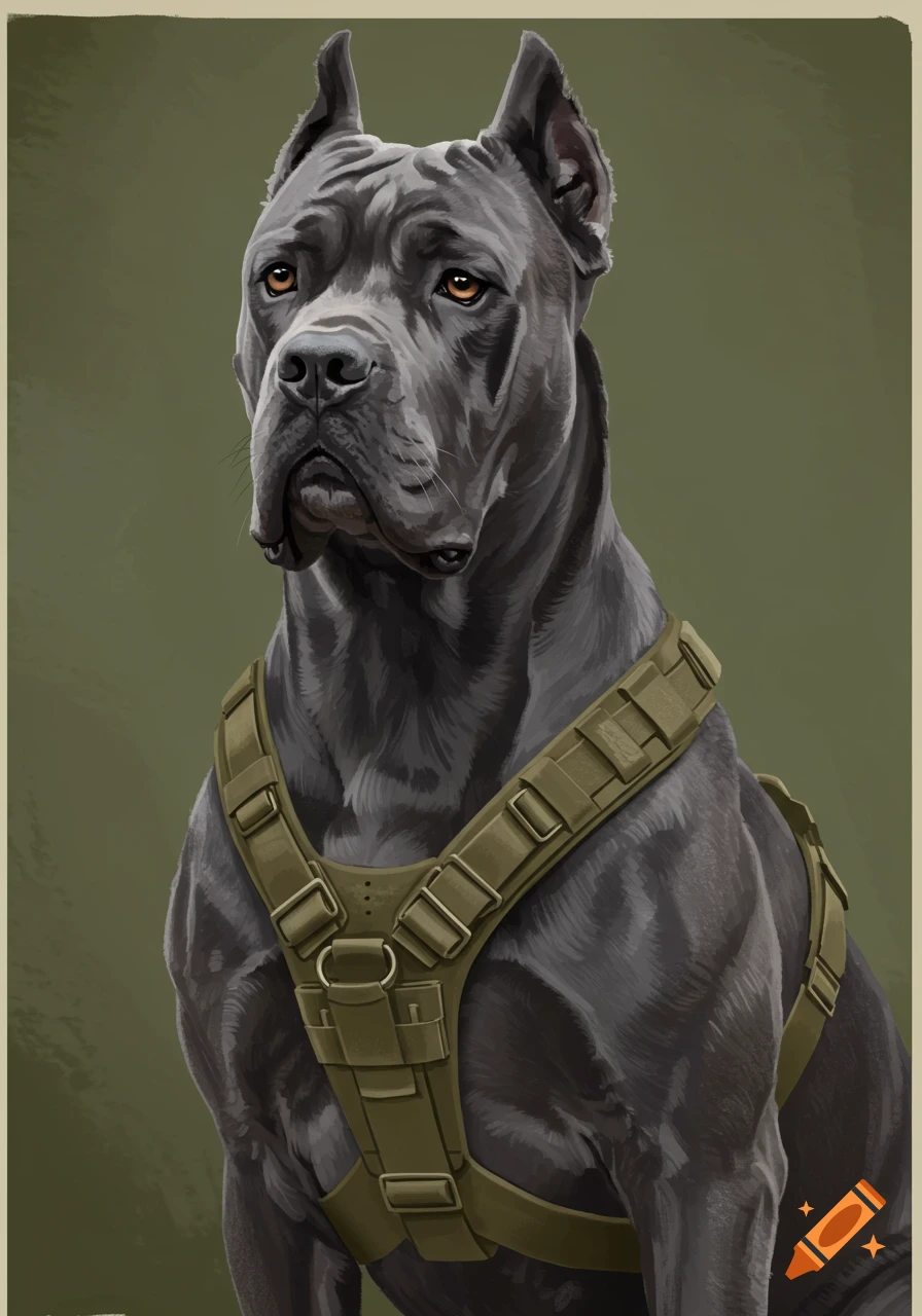 Digital illustration of a grey Cane Corso dog wearing a tactical harness