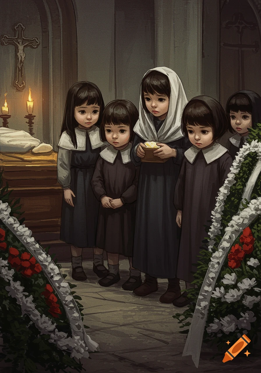 Illustration of children attending a funeral in a church.