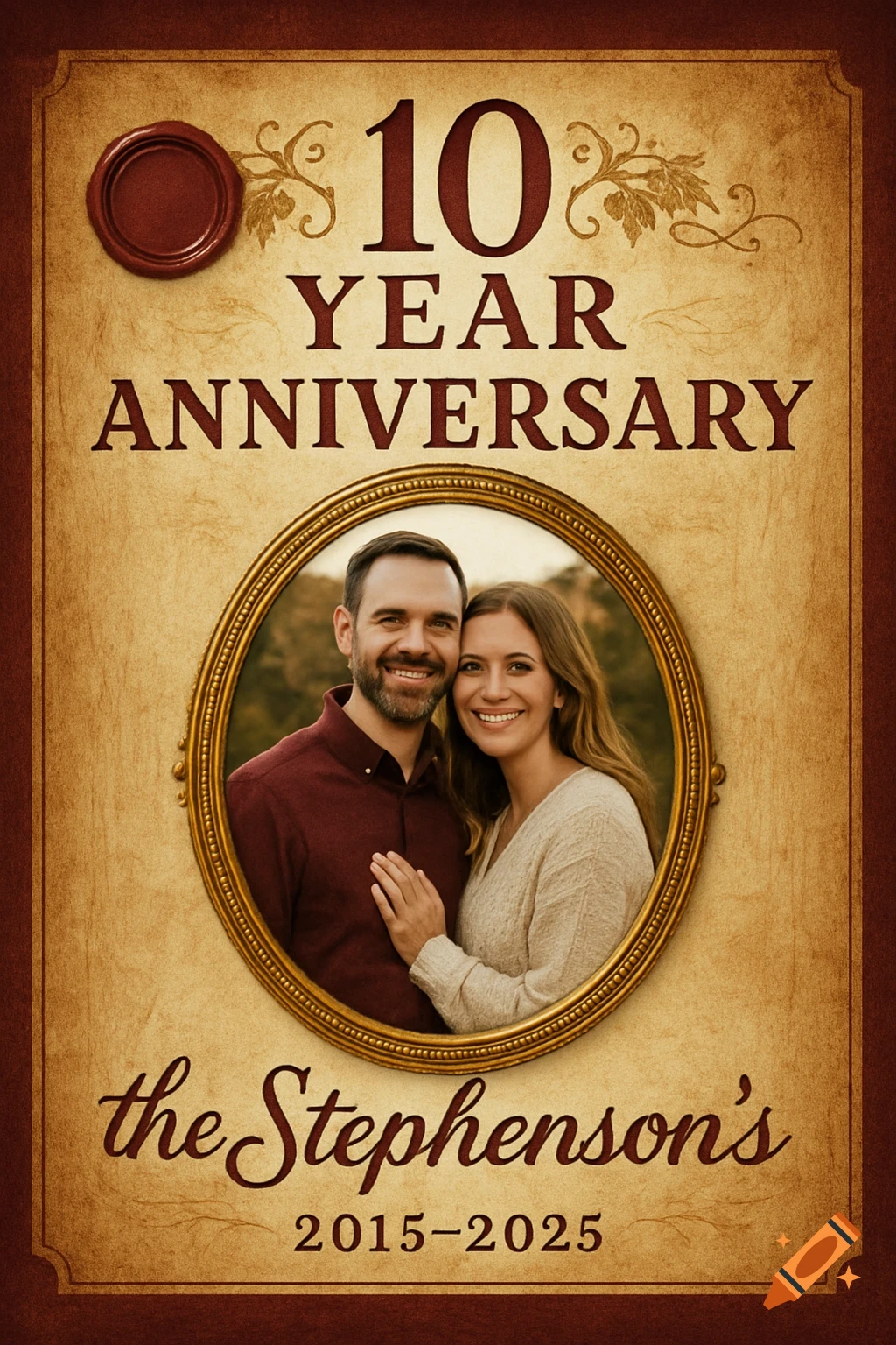 Couple in a framed portrait on a vintage anniversary label with text