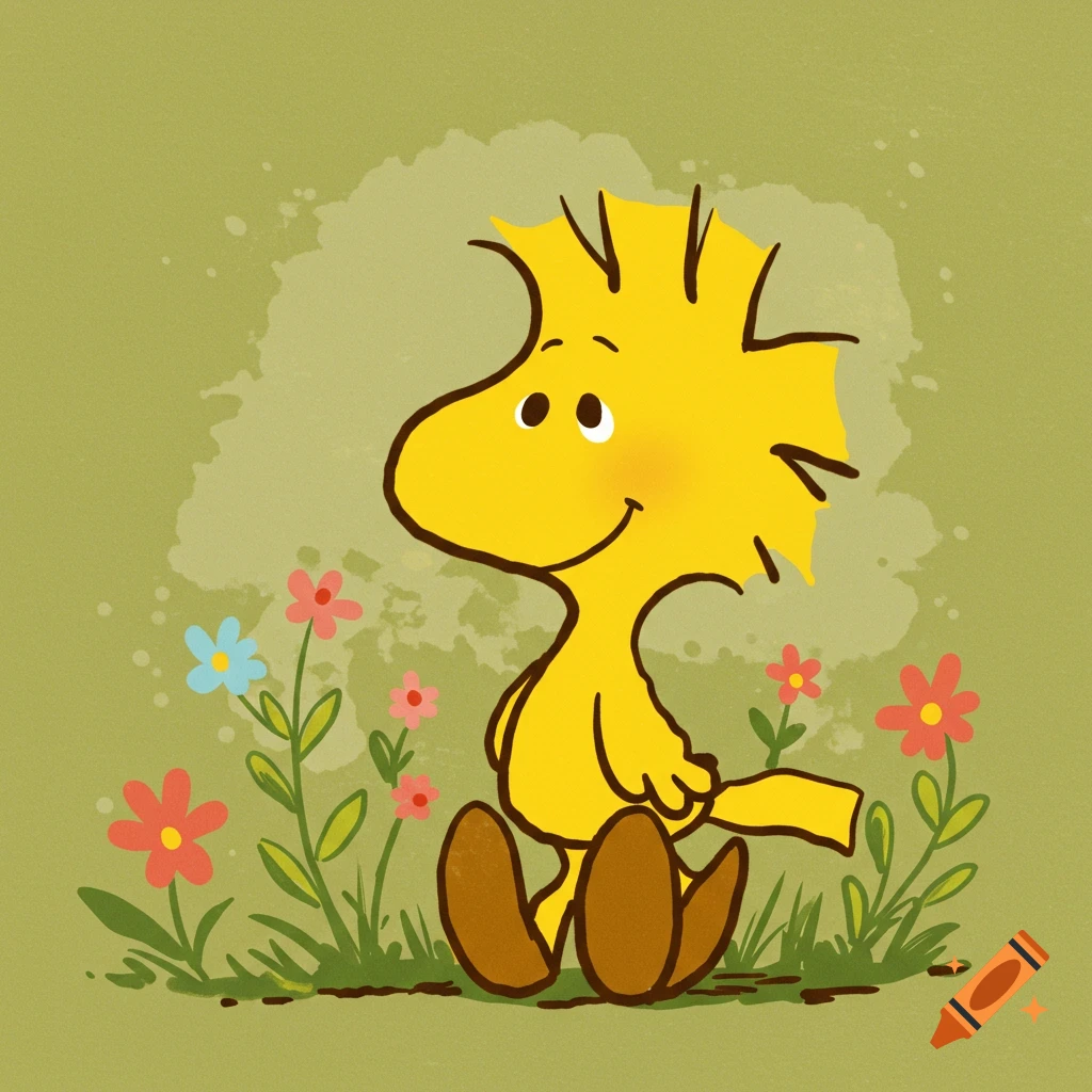 Cartoon illustration of Woodstock sitting among flowers in a garden