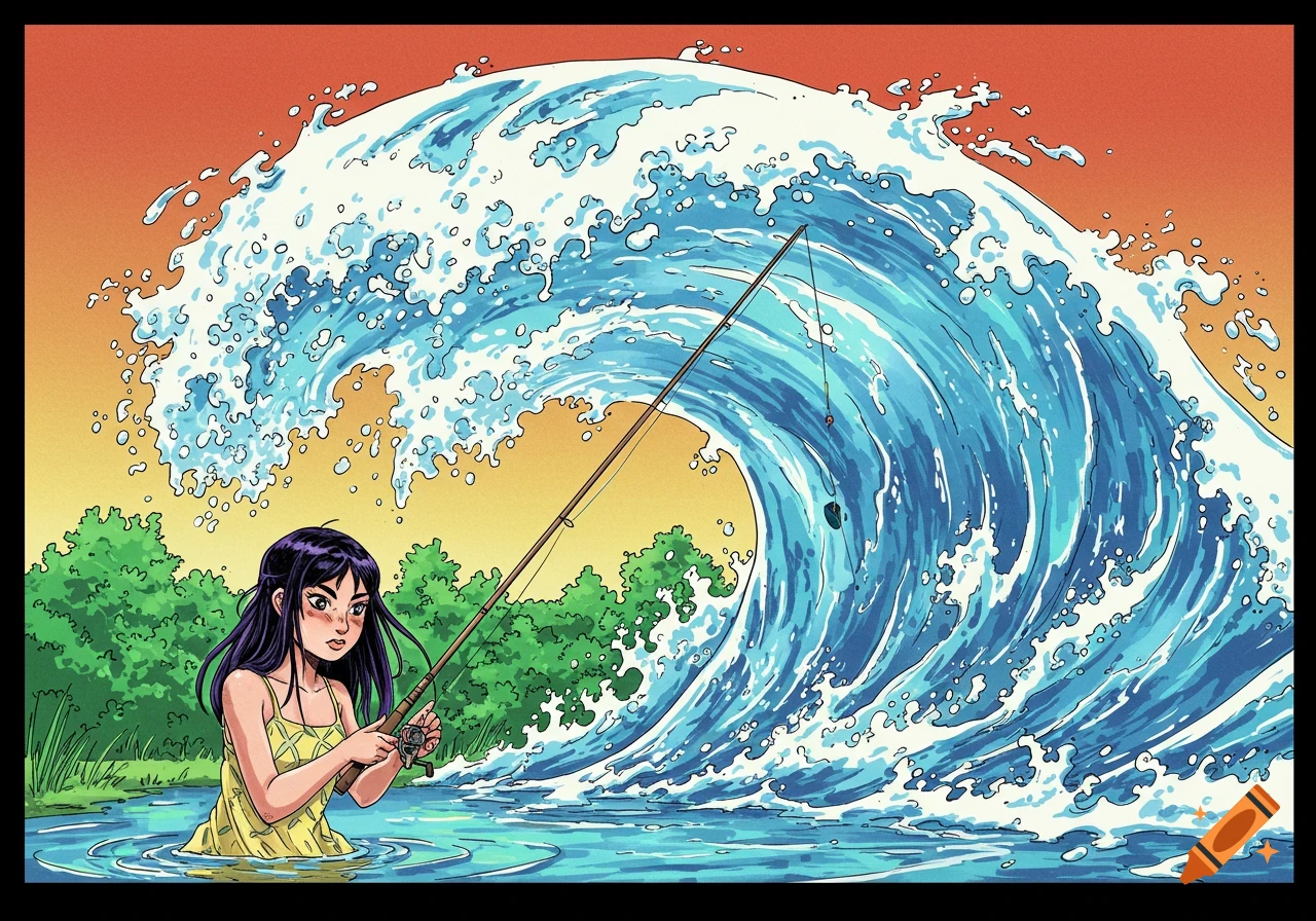 Asian girl fishing as a giant wave crashes in stylized anime/manga style.