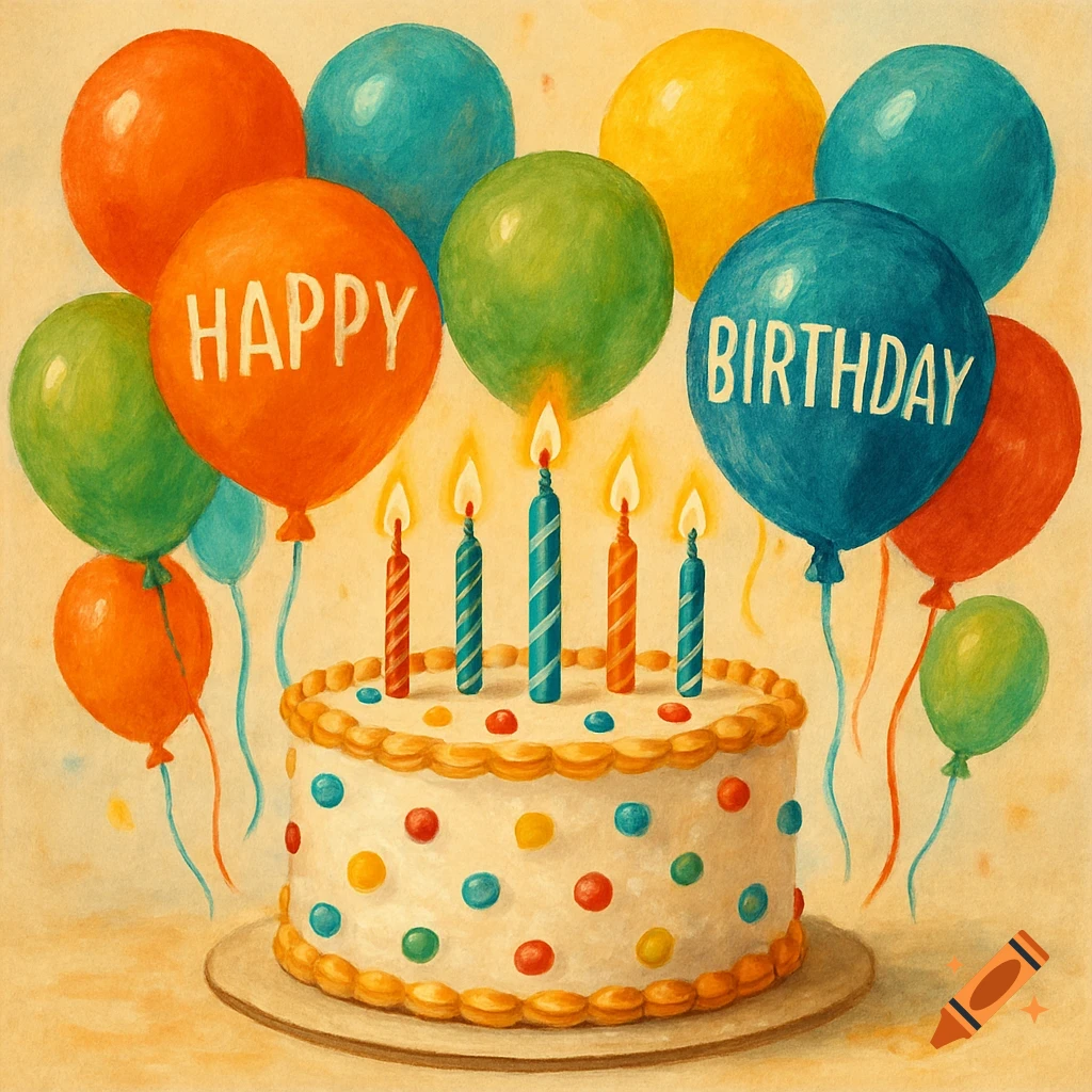 Watercolor painting of a birthday cake with candles and balloons saying Happy Birthday.