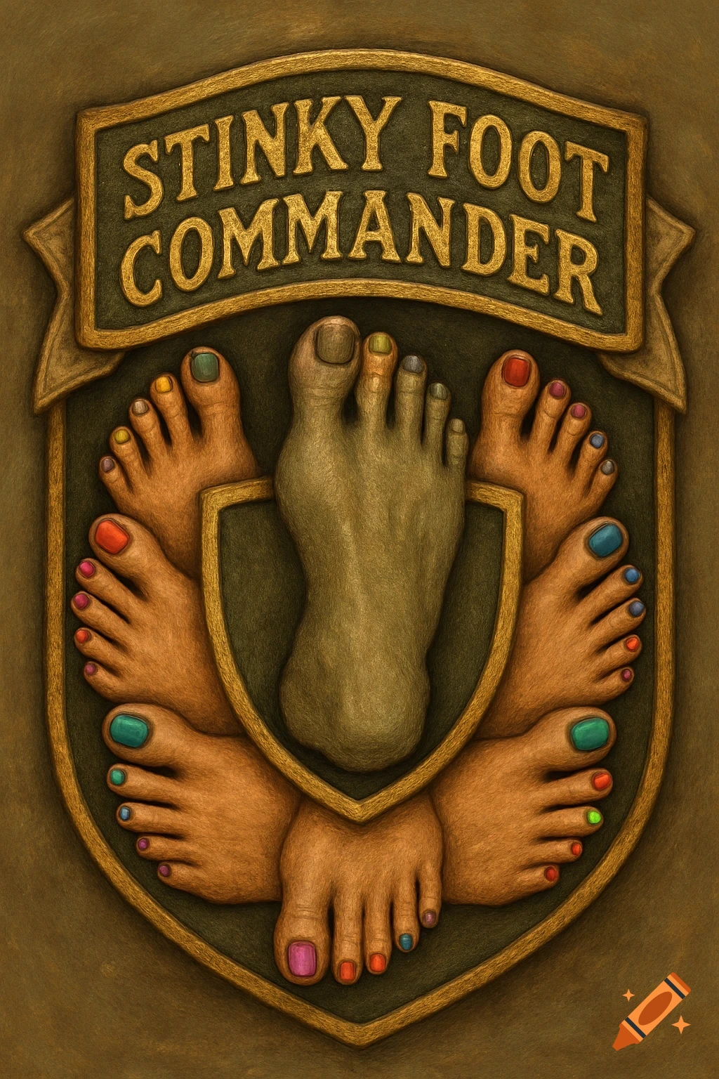 A stylized badge with text 'STINKY FOOT COMMANDER' and several feet with colorful pedicures.