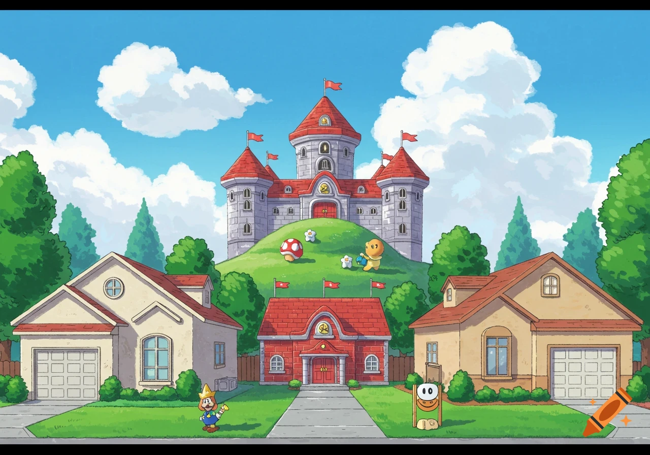 Cartoon illustration of a castle on a hill behind three suburban houses with stylized characters.