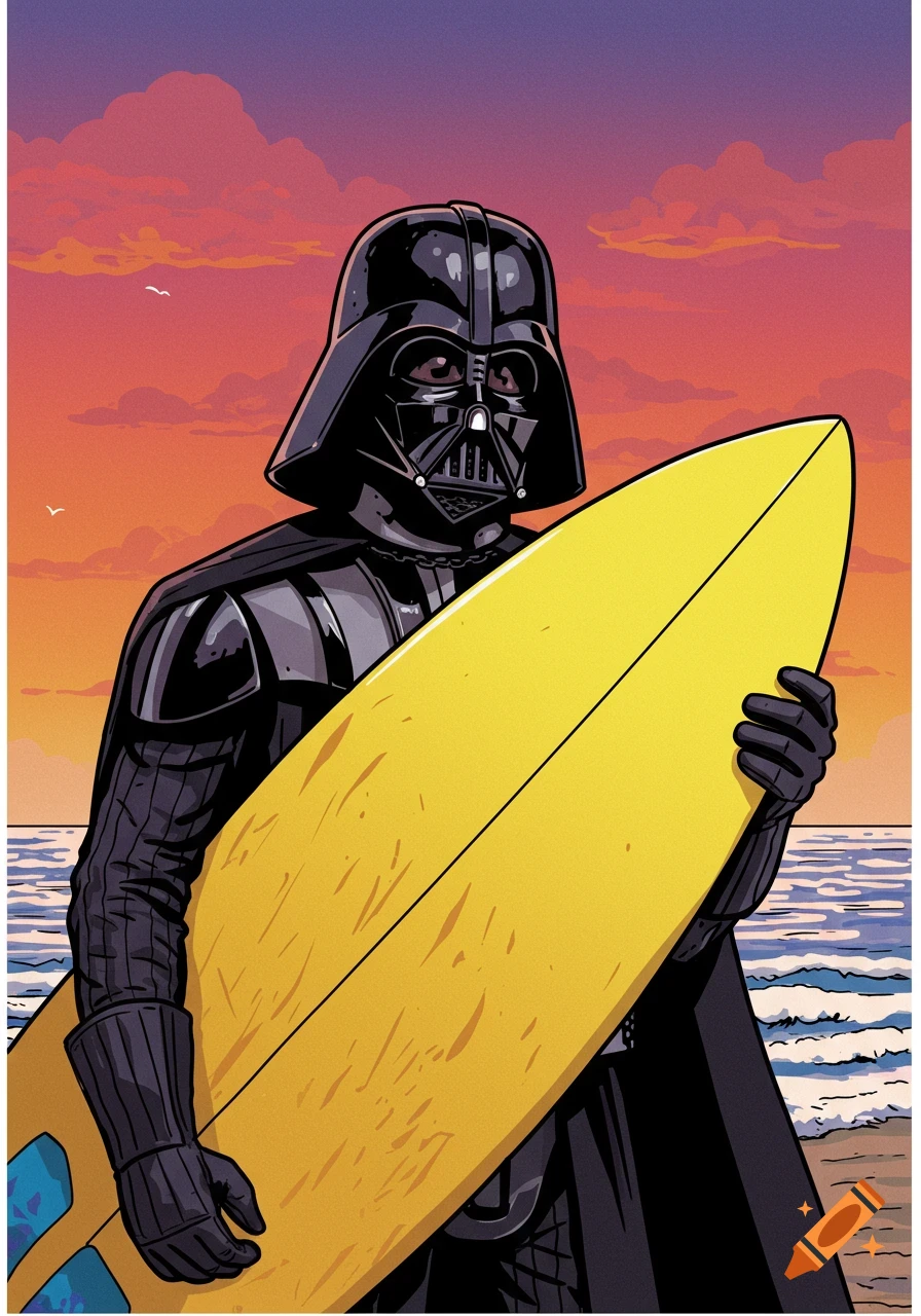Darth Vader stands on a beach at sunset holding a yellow surfboard, illustration style.