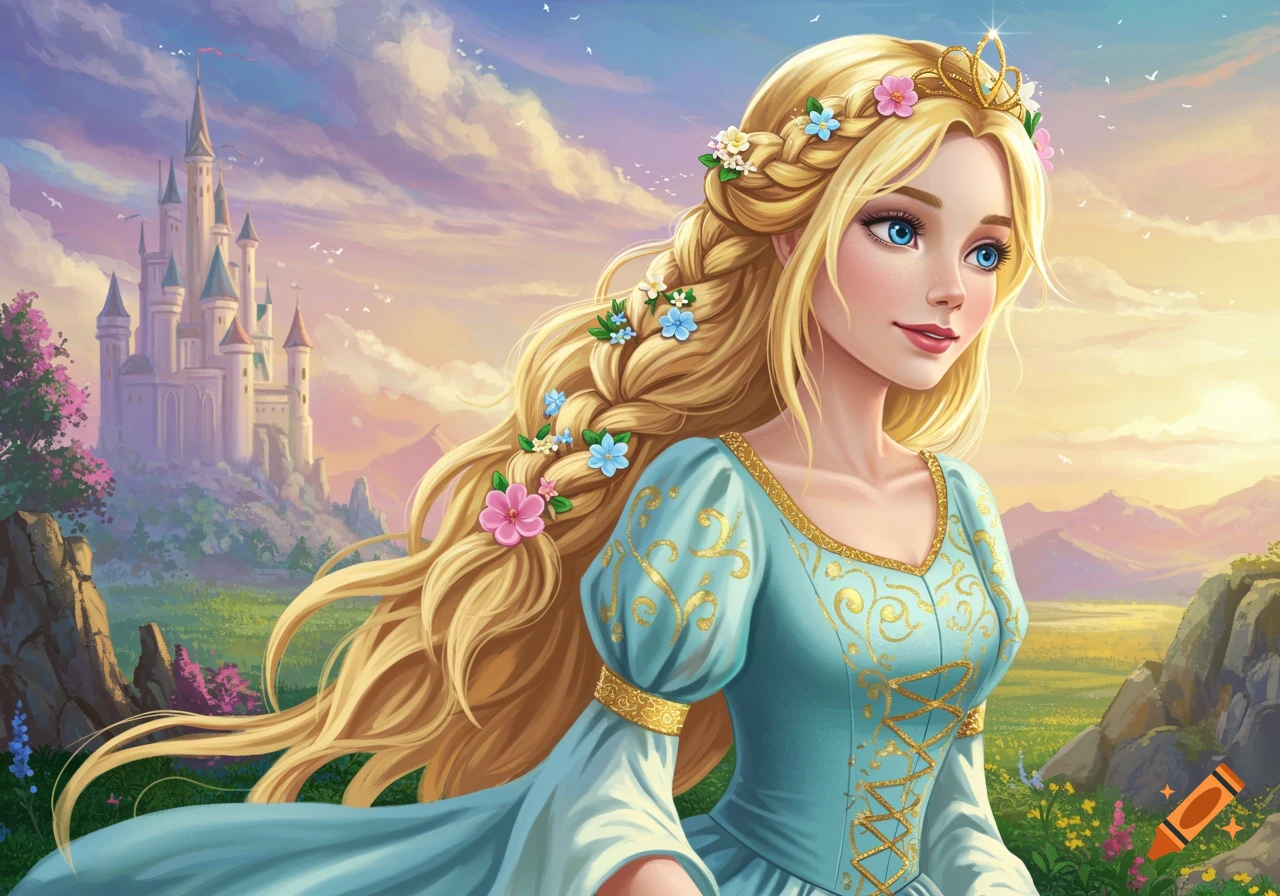 Illustration of a blonde princess with blue eyes and flowers in her hair, in a fantasy landscape with a castle.