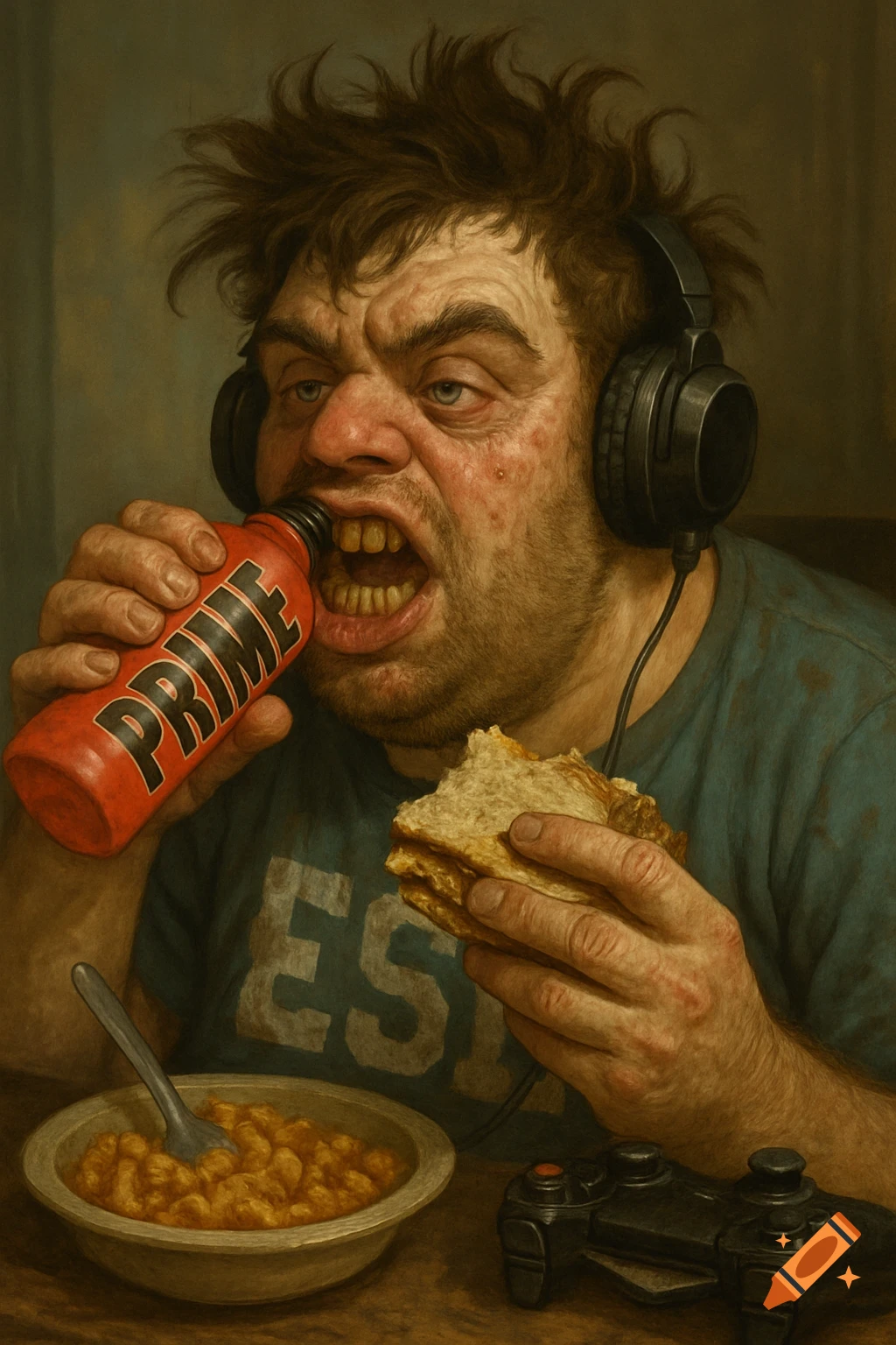 A grotesque man with messy hair and yellow teeth eats a sandwich and drinks from a red bottle labeled PRIME while wearing headphones, with a bowl of food and a controller nearby.
