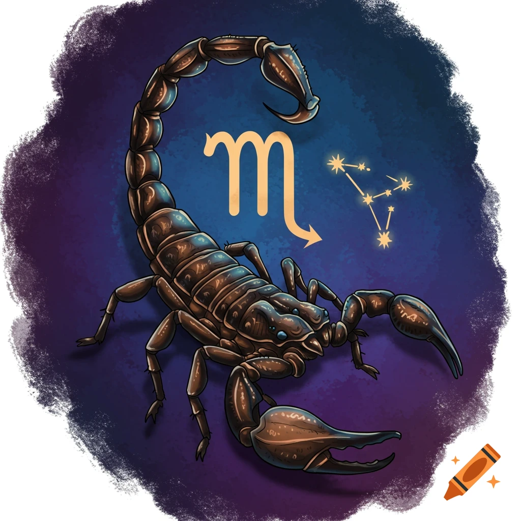 A stylized illustration of a scorpion with the gold Scorpio zodiac symbol and constellation against a dark blue and purple background.