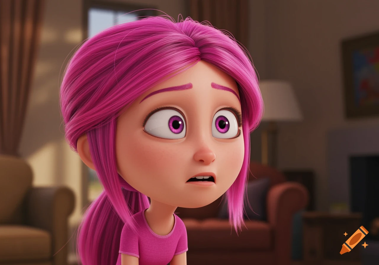 Cartoon girl with pink hair and large eyes looking surprised