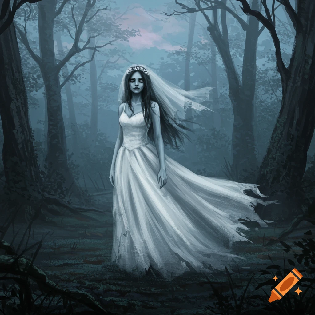 A ghostly bride stands in a dark, misty forest. Digital illustration.