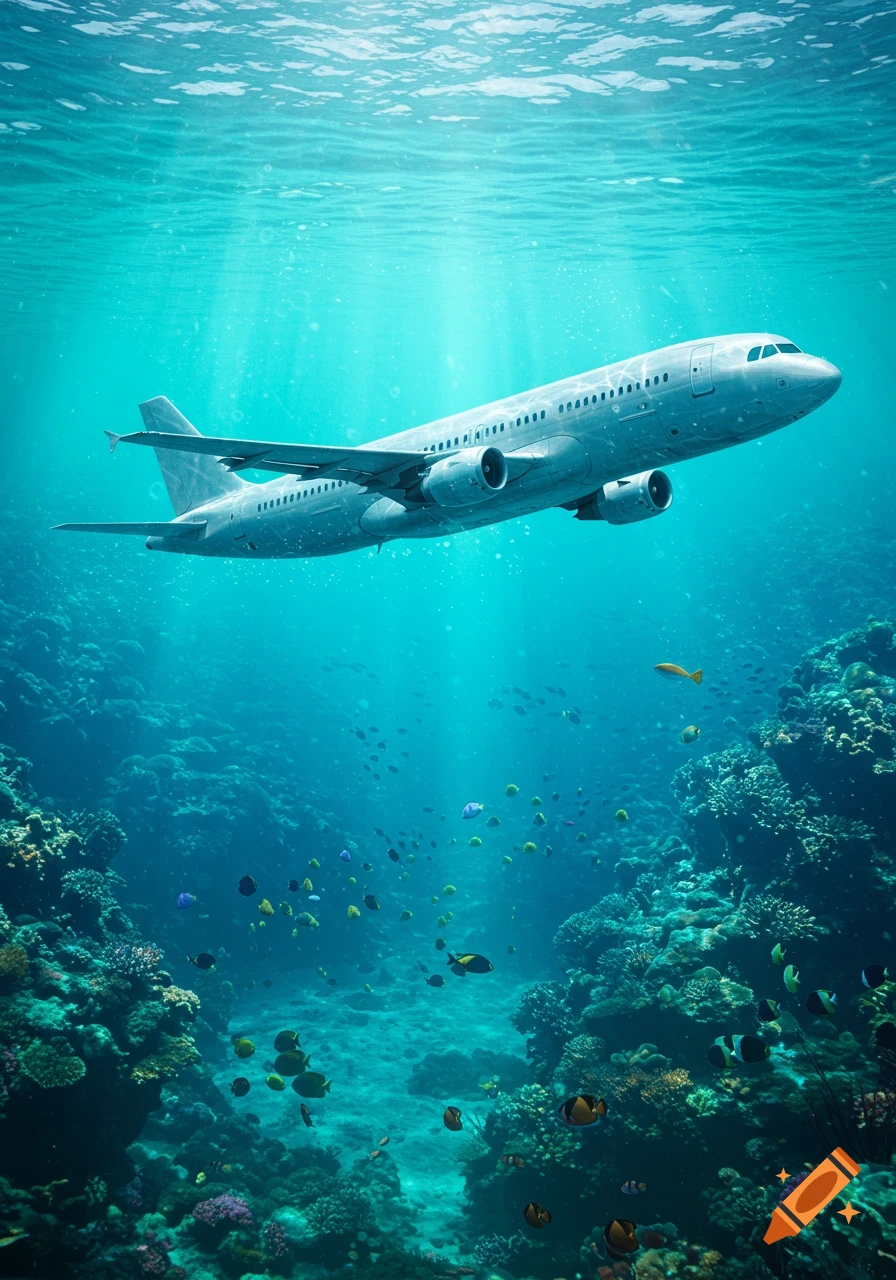An airplane flies underwater above a vibrant coral reef with fish swimming around.