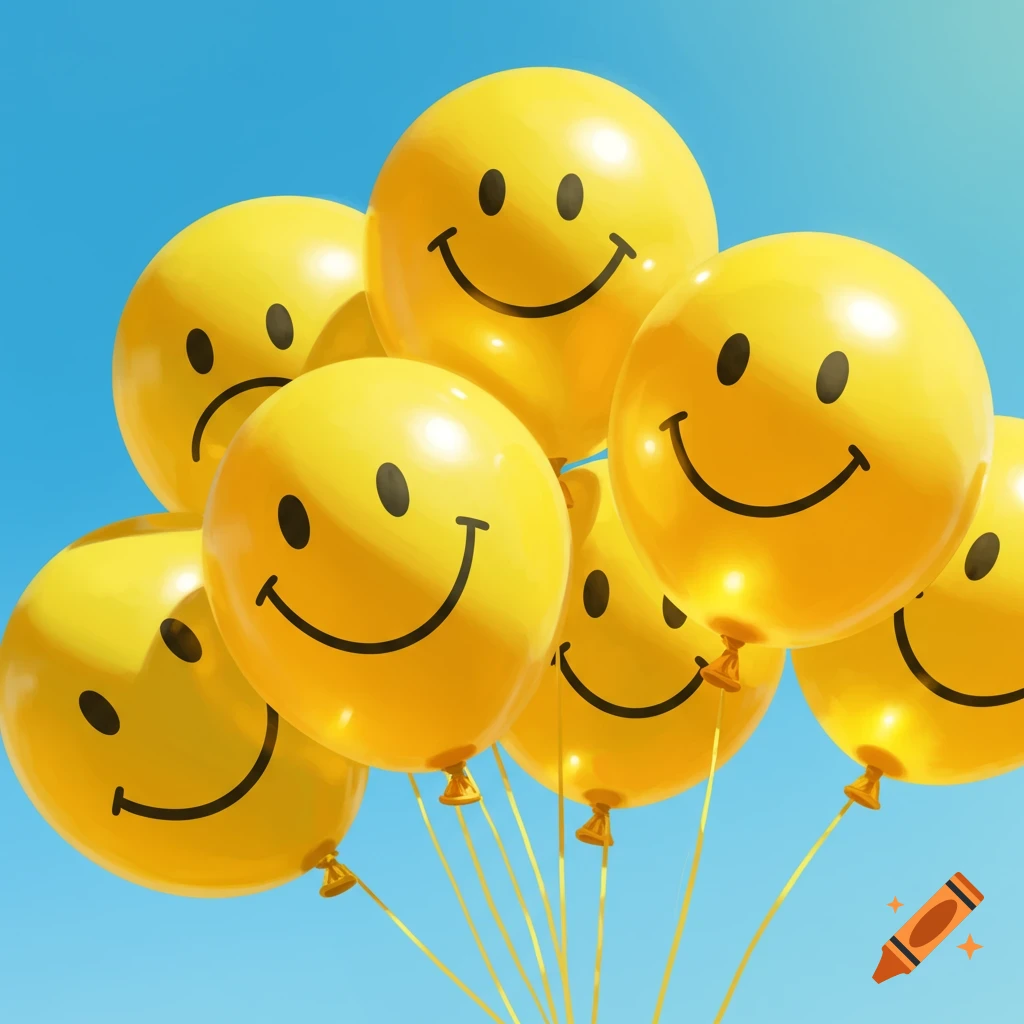 Yellow balloons with smiley and sad faces against a blue sky.