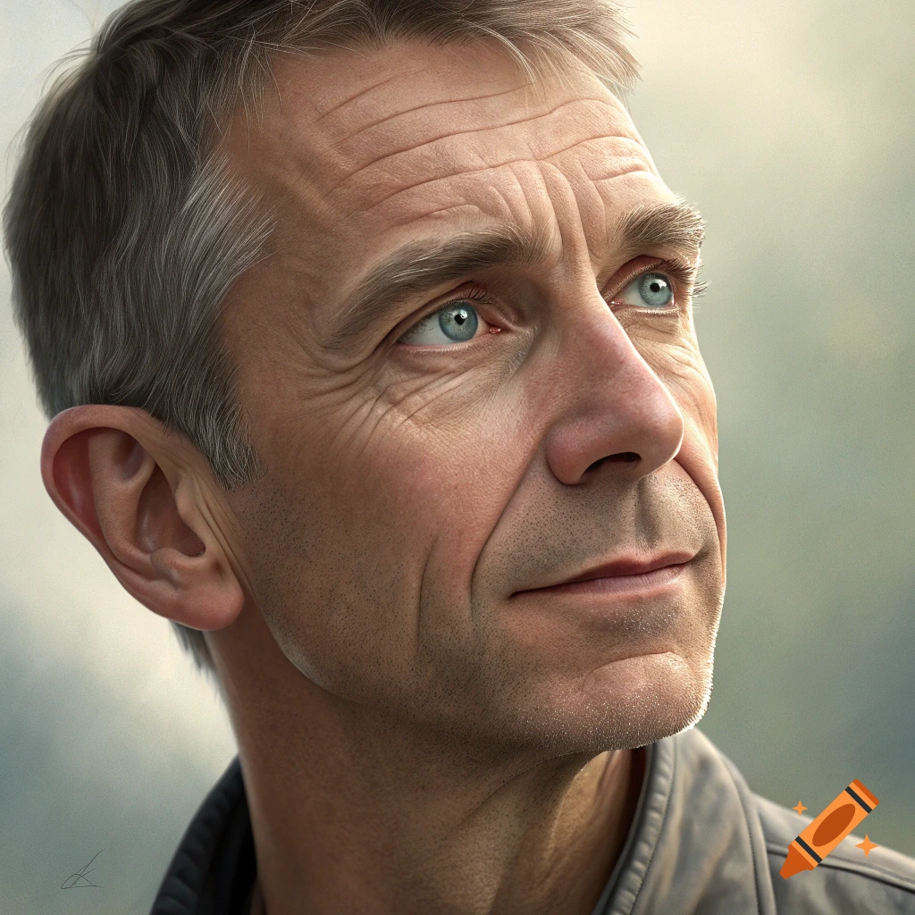 Realistic close-up portrait of a man with blue eyes looking upwards.