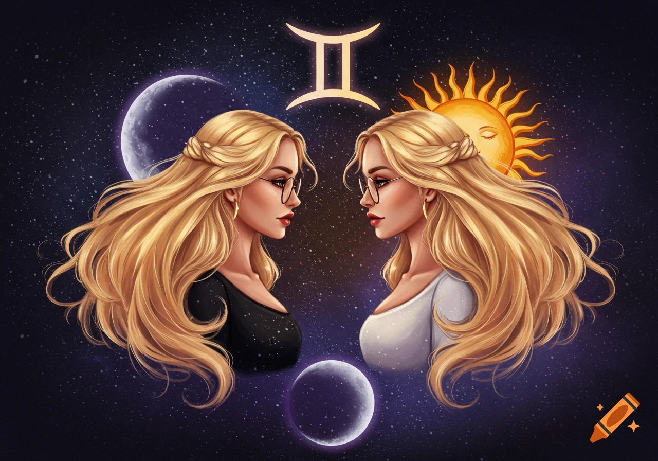 Two blonde twin women with glasses facing each other against a starry sky with sun, moon, and Gemini symbol.