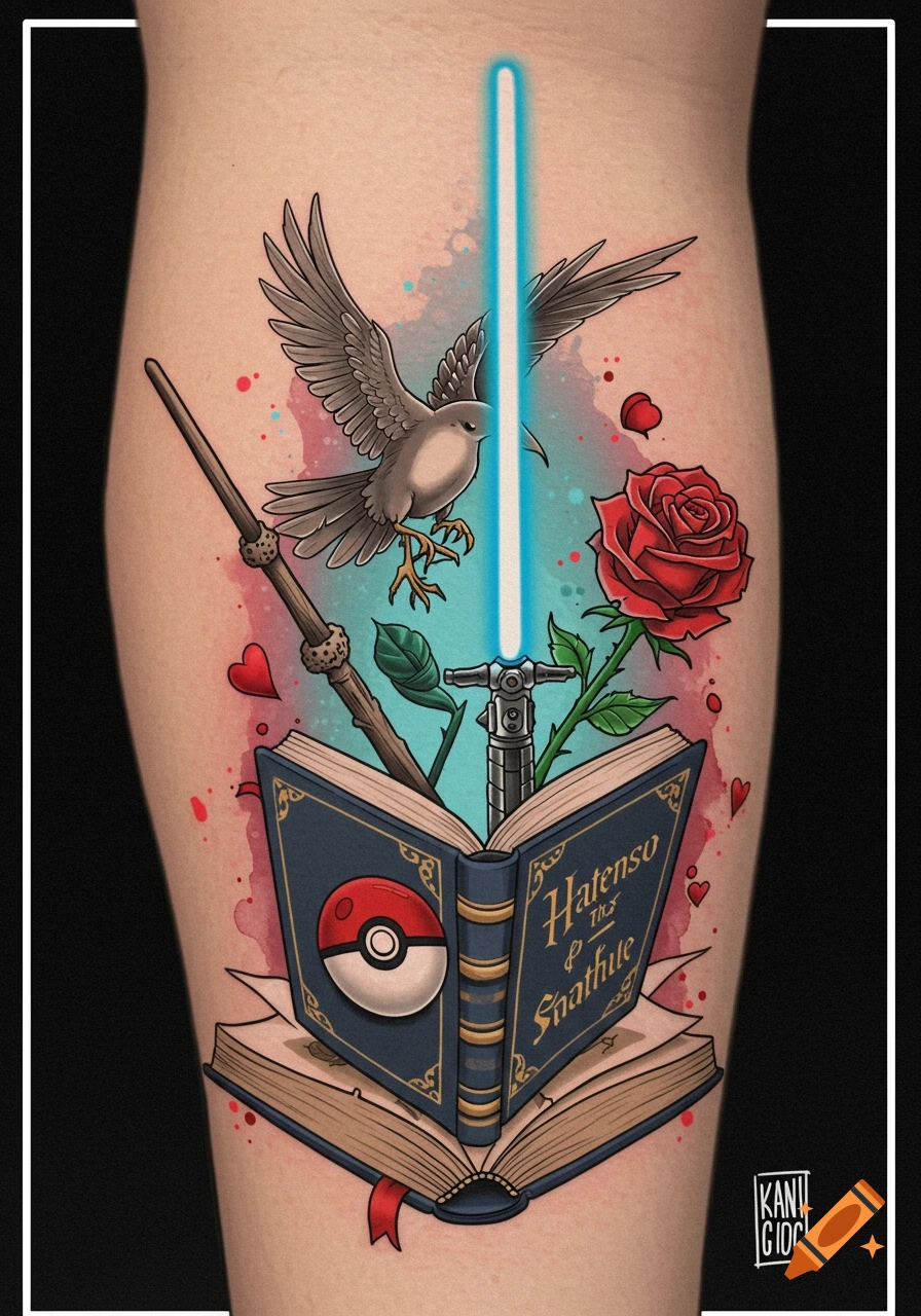 Cartoon tattoo design on skin featuring an open book with a Pokeball, lightsaber, Harry Potter wand, bird, and rose emerging from it, in a watercolor splatter style.