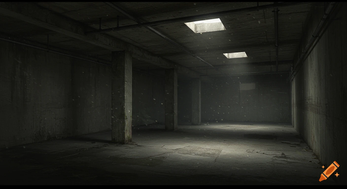 Dark, dusty concrete basement with light beams from ceiling vents