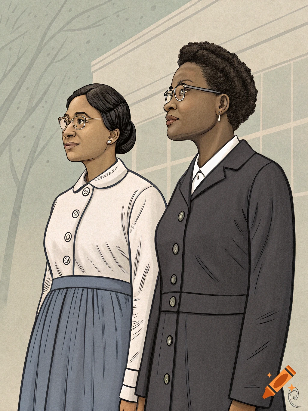 Drawing of two historical women, one in a white blouse and blue skirt, the other in a black coat, standing side-by-side.