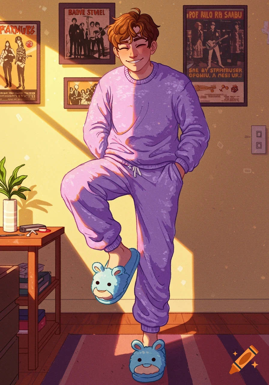 A young man in purple pajamas and blue monster slippers stands in a sunlit room with posters, in an anime style.
